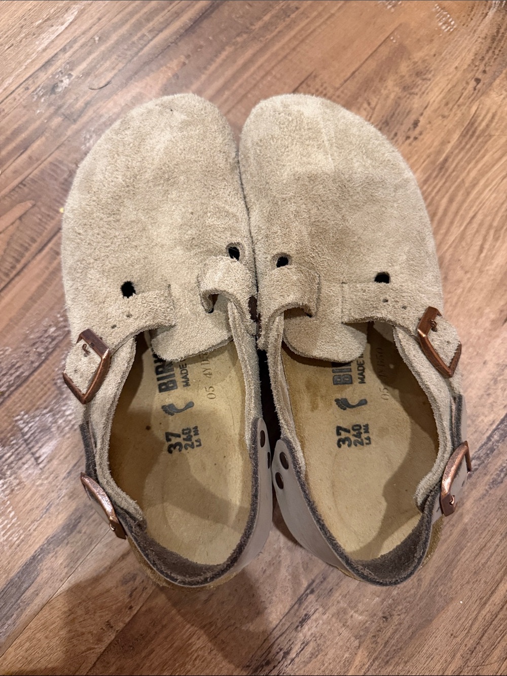 Birkenstock Boston Suede Clog in Beige-Tan with Copper Buckles